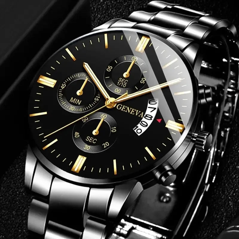 Men Black Stainless Steel Watch Luxury Calendar Quartz Wrist Watch