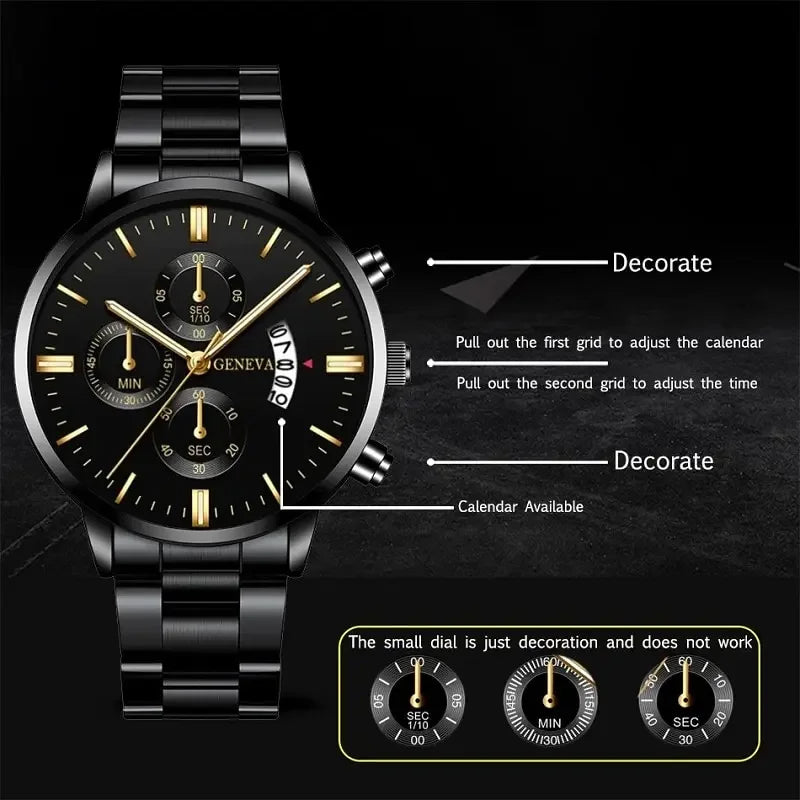 Men Black Stainless Steel Watch Luxury Calendar Quartz Wrist Watch