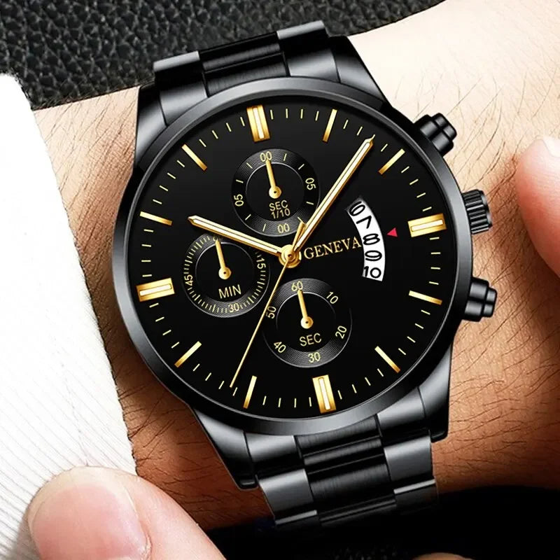 Men Black Stainless Steel Watch Luxury Calendar Quartz Wrist Watch